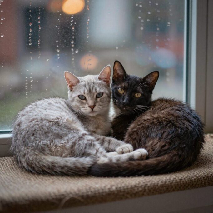 雨の日の窓辺に2匹仲良く丸くなってる猫たち