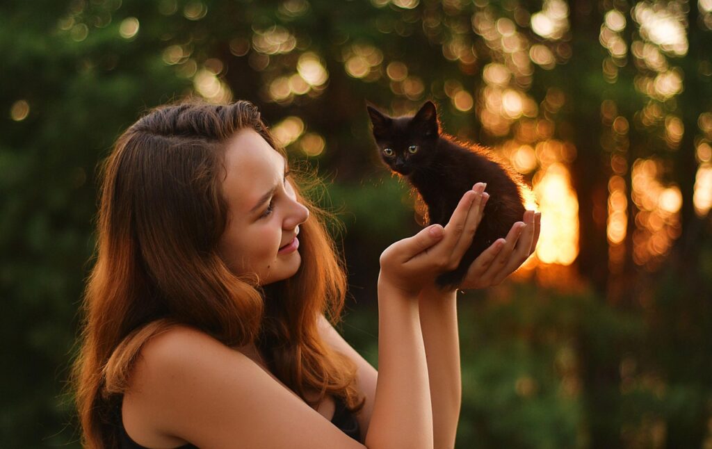 子猫を抱き上げる女性