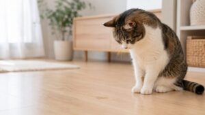 吐いちゃった物を見つめる猫